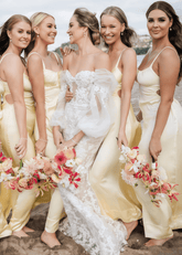 Violet | Simple Sheath Cutout Yellow Satin Maxi Bridesmaid Dress with Spaghetti Straps and Cowl Neck - Price #price_variant_lowest# - Yellow - PromDressClub